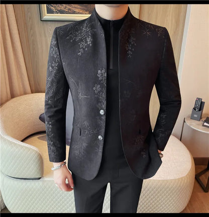 2025 Spring Trendy Jacquard Suit Jacket Men Stand Up Collar Casual Blazers Slim Wedding Business Streetwear Social Dress Coats