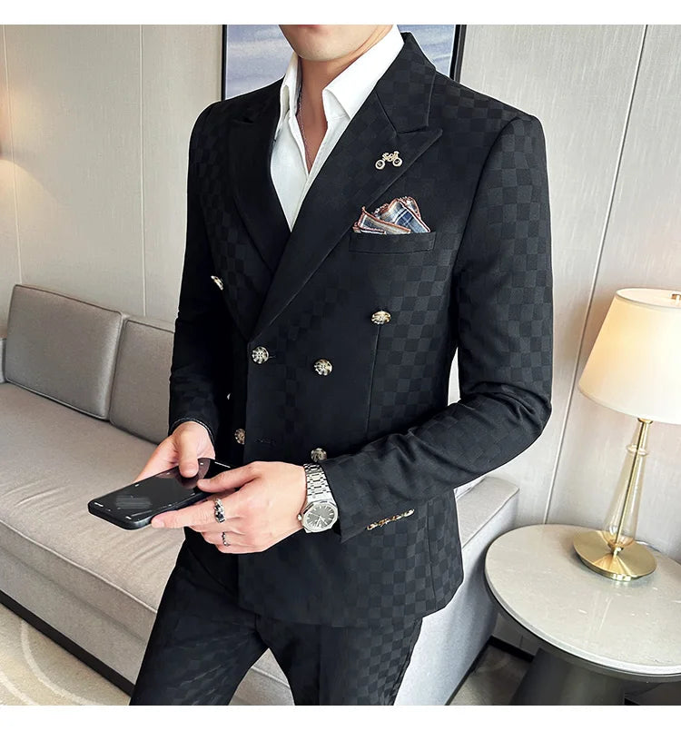 (Jacket+Pants)Luxury Checkered Double Breasted Suit  2 Pieces Fashion Business Slim Fit Social   Formal Suit Evening Dress 5XL-M