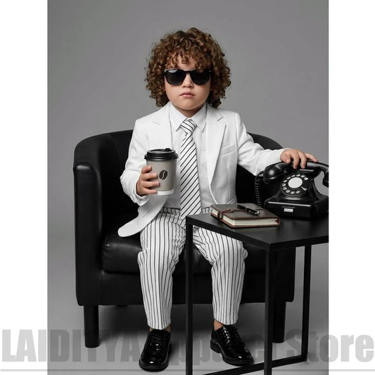 Kids Boys Suit Set Blazer With Striped Trousers Formal Outfit Wedding Flower Boy Birthday Photoshoot Costume Children Tuxedo