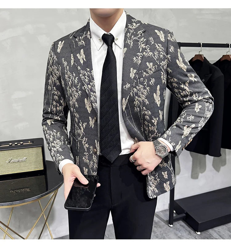 High-end Luxury Printed Slim Fit Suit Jacket For Men 2024 Autumn New Fashion Social Party Casual Suit Coat Swallowtail 4XL-M