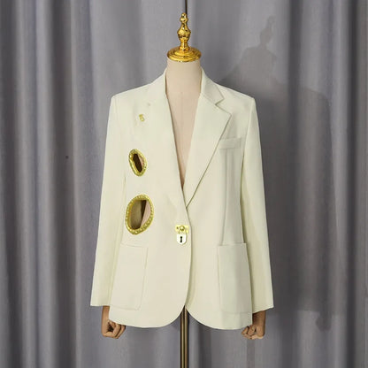 Women Blazer Elegant Fashion Metal Hollow Out Design Long Sleeve Loose Versatile Trendy Suit-Coat Spring Autumn New HK26606