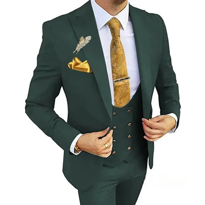 3 Piece Slim Fit Men's Suits Double Breasted Gold Button Blazer Vest Pants Set Wedding Formal Wear for Groomsmen