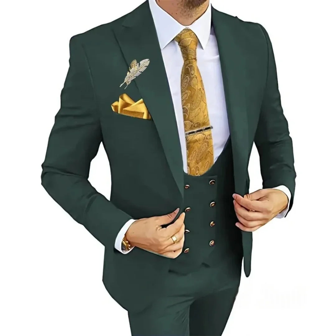 3 Piece Slim Fit Men's Suits Double Breasted Gold Button Blazer Vest Pants Set Wedding Formal Wear for Groomsmen