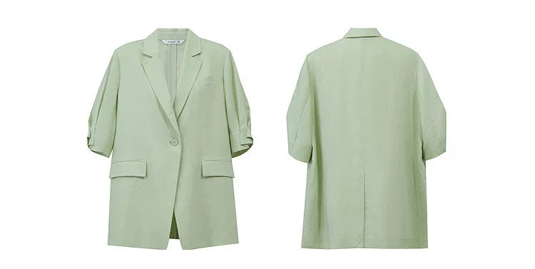 Women's Blazer 2026 Summer New Notch Lapel Linen Blend Pleated Half Sleeve Jacket Casual Office Midi Length Coat 12642184