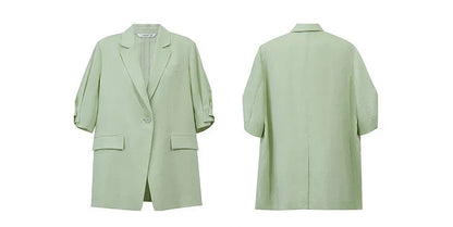 Women's Blazer 2026 Summer New Notch Lapel Linen Blend Pleated Half Sleeve Jacket Casual Office Midi Length Coat 12642184