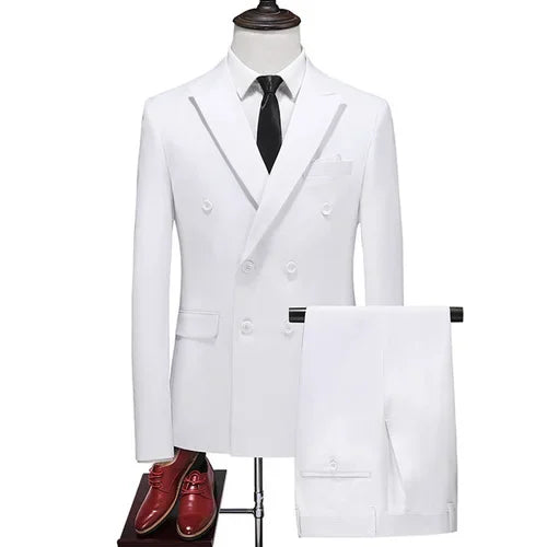 2 Pieces Fashion New Men's Business Double Breasted Solid Color Suit Coat Male Slim Fit Wedding Blazers Jacket Pants Trousers