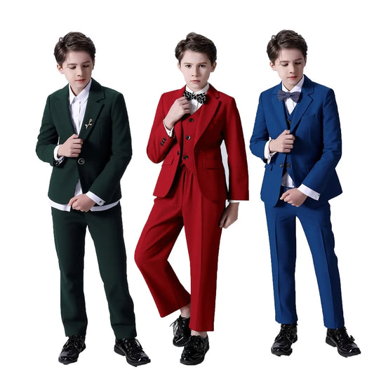 Boys Wedding Party Dress Children Performance Costome Kids New Year Red 4Pieces/Set Jacket Vest Pants Bowtie Photography Suit