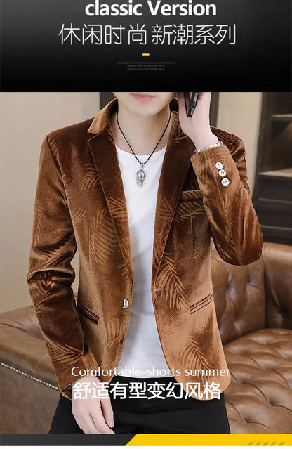 Blazer Men's Fashion Business Gentleman Groom Professional Gentleman Casual Velvet Bamboo Leaf Flower Dress High-end Blazer