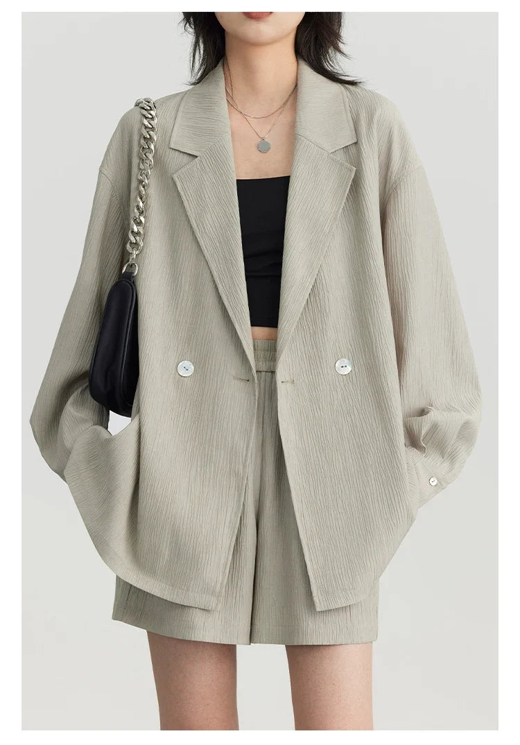 Women's Blazer Solid Casual Long Sleeve Jacket Texture Thin Suit Coat Shorts Office Lady Tops 2023 Summer New Fashion