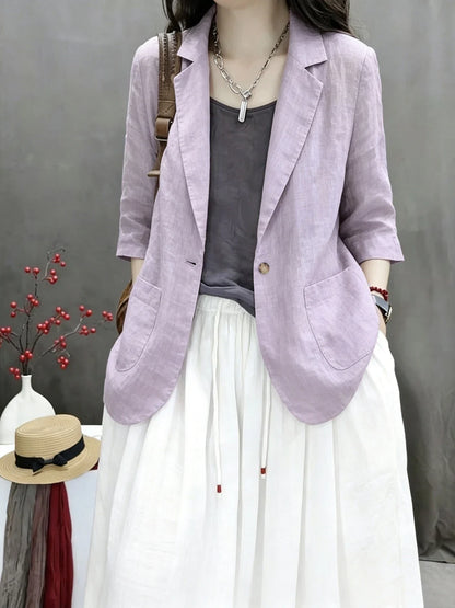 2026 New Summer Casual Cotton Linen Short Coat Women's Pure Color Suit Top Versatile Loose Fit Thin Material Seven Sleeve
