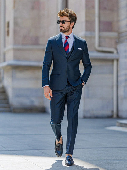 High Quality Navy Plaid Suit Set For Daily Office Customized Single Breasted 3 Pieces Blazer Vest Pants Wedding Party Guest
