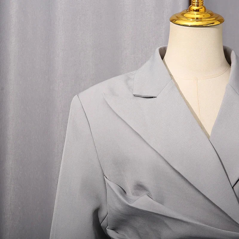 Spring Autumn New Women's Blazer Pleated Waist Cinching Slim Fit Solid Color Elegant Fashion Office Lady Trend Coat HK15496