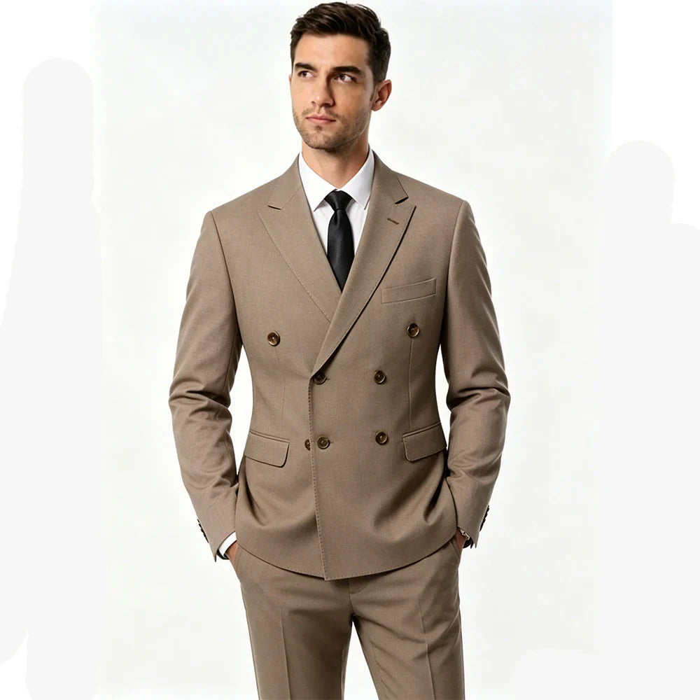 New Men's Double Breasted Khaki Coffee Suit Jacket Slim Fit Formal Business Blazer with Black Tie Wedding Party Office Outerwear