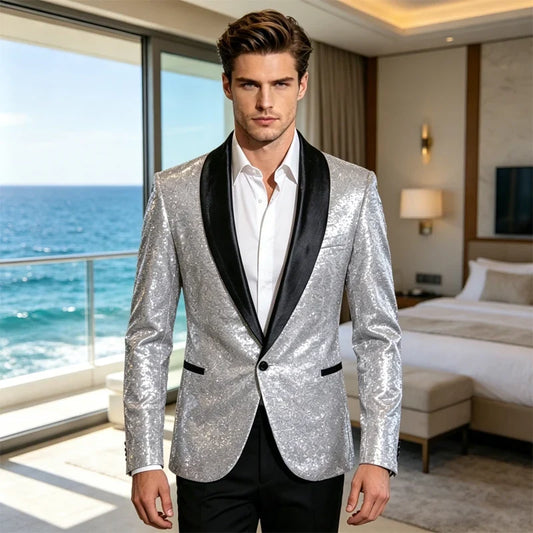 Men's Sequin Blazer Shawl Lapel Satin Collar Single Button Sparkly Suit Jacket for Wedding & Stage