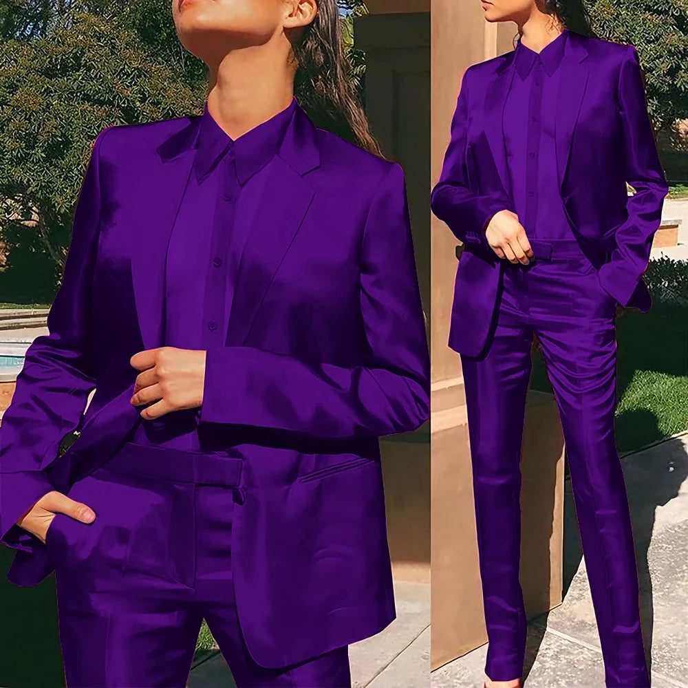 Women’s Red Satin Suit 2 Piece (Jacket+Pants) Set Gorgeous Single-breasted Blazer for Evening Party Formal Cocktail Streetwear