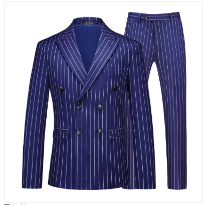 Fashion Men Double Breasted Striped Suit 2 Piece Black / Wine Red Homme Business Social Wedding Party Blazers and Trousers