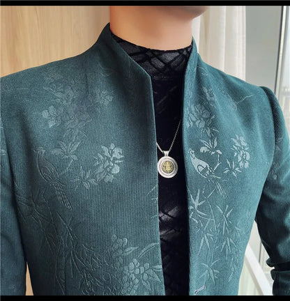 2025 Spring Trendy Jacquard Suit Jacket Men Stand Up Collar Casual Blazers Slim Wedding Business Streetwear Social Dress Coats
