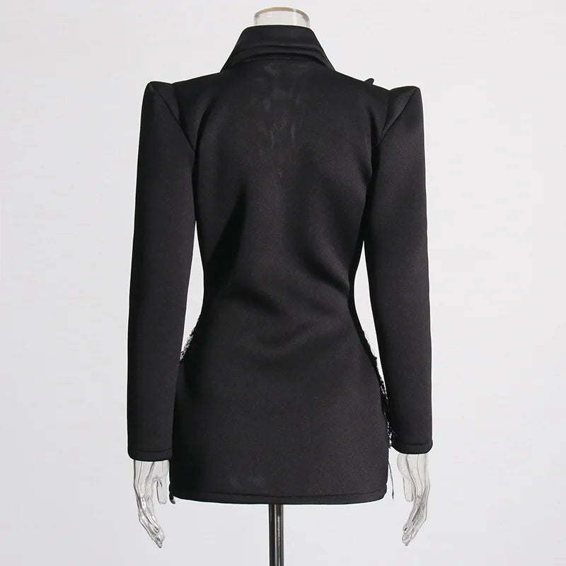 Sexy Socialite Style Blazer Dress 2025 Spring Autumn New Women's Turn-Down Collar Long Sleeve Sequin Diamond Jacket  HK8313
