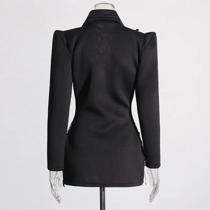 Sexy Socialite Style Blazer Dress 2025 Spring Autumn New Women's Turn-Down Collar Long Sleeve Sequin Diamond Jacket  HK8313