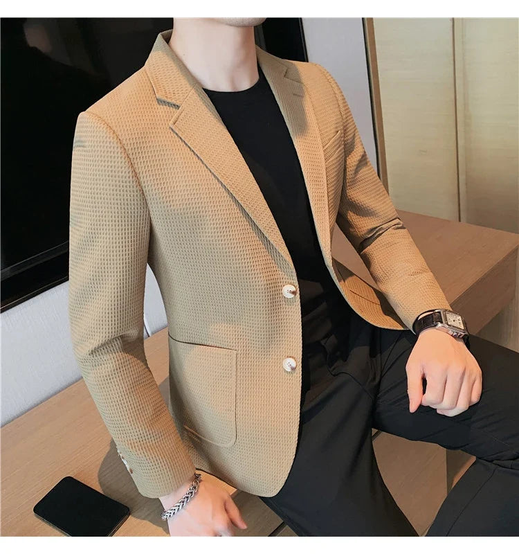 2025 Spring New Waffle Suit Coats Men Slim Fit Business Casual Blazer Jacket Homme Formal Groom Prom Wedding Tuxedo 4XL-M