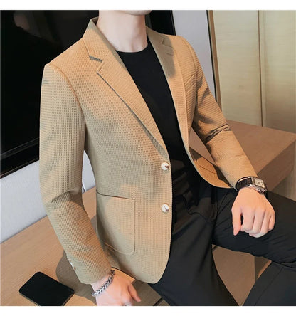 2025 Spring New Waffle Suit Coats Men Slim Fit Business Casual Blazer Jacket Homme Formal Groom Prom Wedding Tuxedo 4XL-M