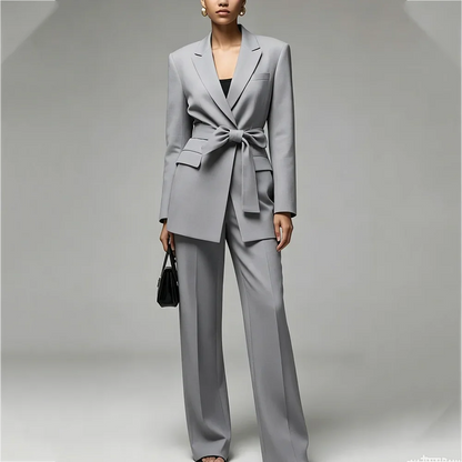 Elegant Grey Women Pant Suits Belted Wrap Notched Lapel Blazer Straight Fit Office Business Formal Party Professional Outfit