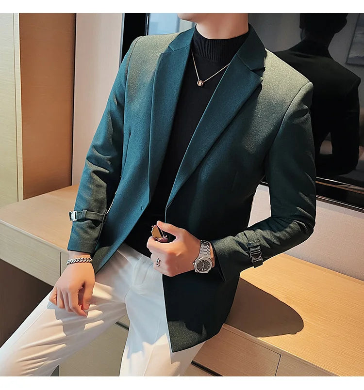 Men's Slim Fit Blazer Metal Buckle Decoration Smart Casual Wedding Party Jacket