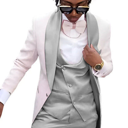Fashion Men's Suit 3 piece Suit White Jacket Khaki Vest Pants Wedding Tuxedo Groom Tailored Suit Blazer for Men Slim Fit Outfit