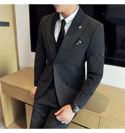 Men's 3 Piece Suit Set Double‑Button Solid Color Slim Fit Business Casual Wedding Banquet Party Jacket Vest Pants Formal Outfit