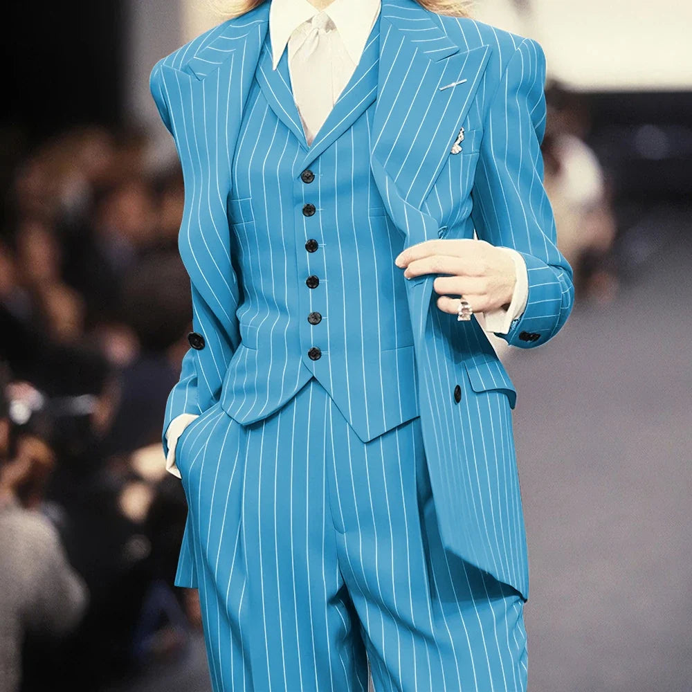 Trending 2025 Brown Striped Women Suit Formal Double-breasted Peaked Lapel 3Pieces (Jacket+Pants+Vest) Business Office Lady Set