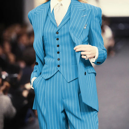 Trending 2025 Brown Striped Women Suit Formal Double-breasted Peaked Lapel 3Pieces (Jacket+Pants+Vest) Business Office Lady Set