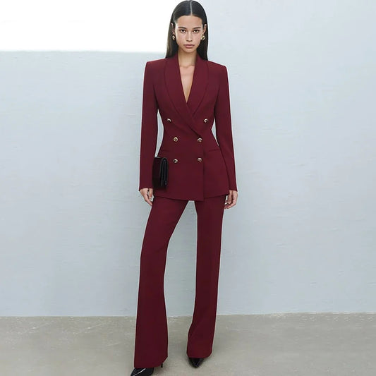 Feminine Women Burgundy Double Breasted 2‑Piece Suit Set Shawl Lapel Blazer+Pants Formal Elegant Office Wedding Guest Outerwears