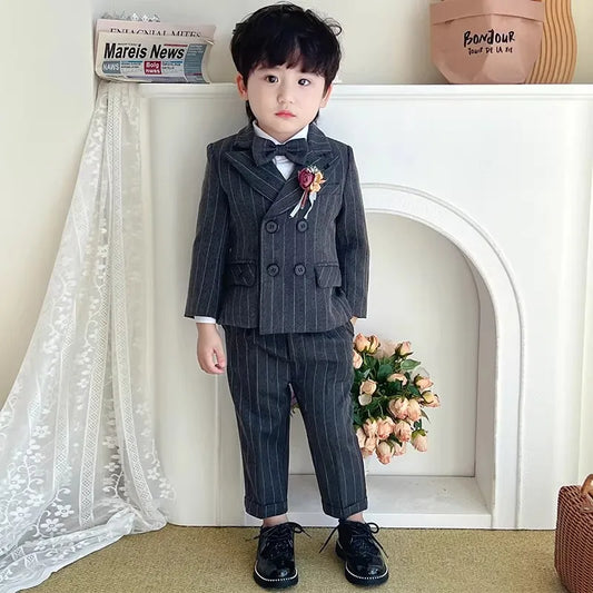 Page Boys Photography Suit Set Kids Jacket Vest Pants Bowtie Brooch 5Pieces Wedding Birthday Party Piano Performance Costume