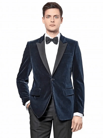 Latest Navy Blue Velvet Male Suits for Wedding 2 Piece Slim Fit Peak Lapel Groom Tuxedos Costume Homme Mariage (Blazer+Pants)