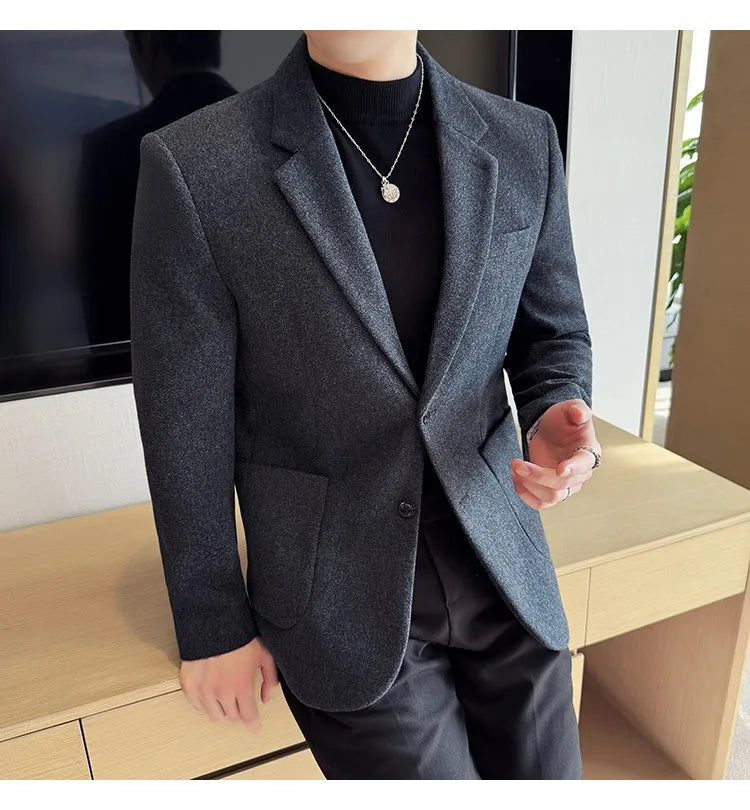 High Qualitys Thickened Wool Suit Jacket Autumn Winter New Luxury Solid Color Formal Men Business Slim Fit Social Party Tuxedo