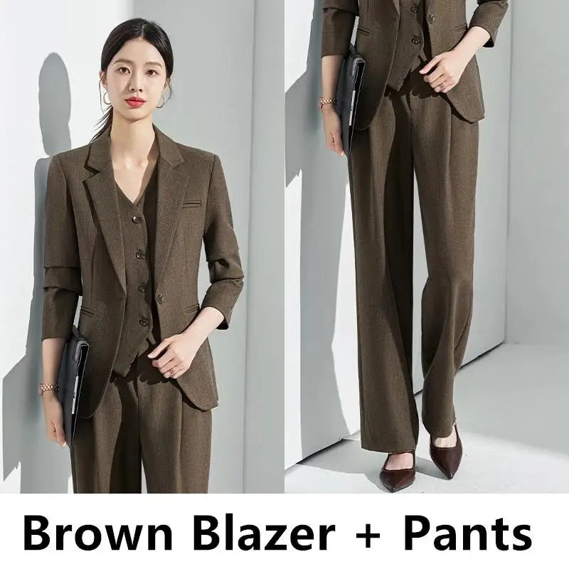 Formal Office Lady Slim Fit 2 Piece Suits Autumn Dark Brown Single Button Blazer And Pants Elegant Business Female Work Wear