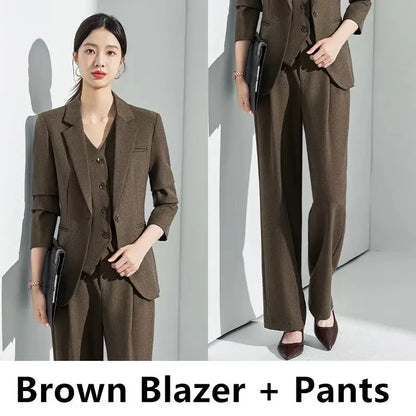 Formal Office Lady Slim Fit 2 Piece Suits Autumn Dark Brown Single Button Blazer And Pants Elegant Business Female Work Wear