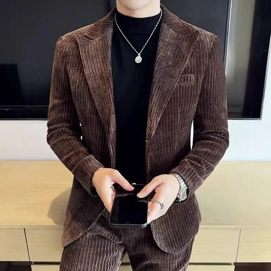 ( Jacket+Pants) Men Corduroy Suit Two-Piece Set High Quality Italian Style Business Suit Luxury Men Formal Wedding Groom Tuxedos