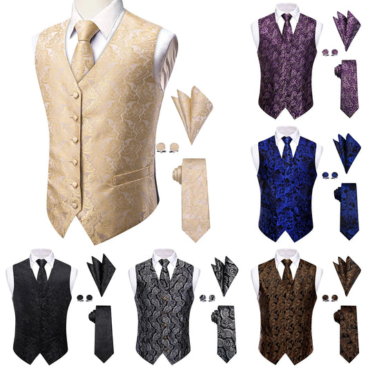 Men's Paisley Waistcoat 4-Piece Set – V-Neck Vest, Tie, Pocket Square & Cufflinks for Weddings & Formal Events
