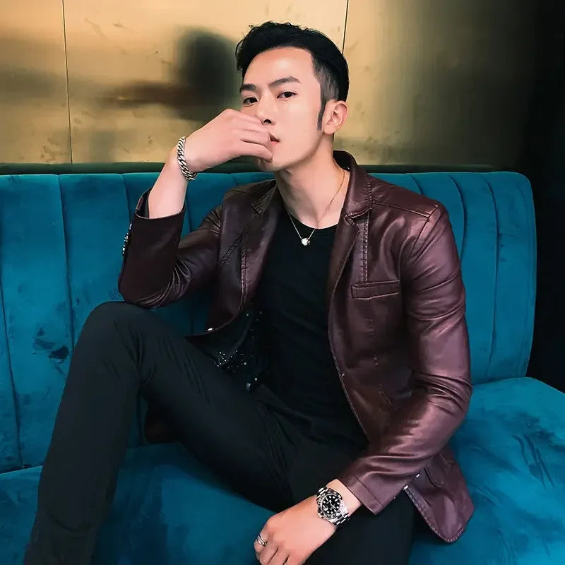 Coat Korean Style Male Leather Blazer Single Breasted Spring Clothes Men's Suit Jackets Luxury Designer High Quality Simple New