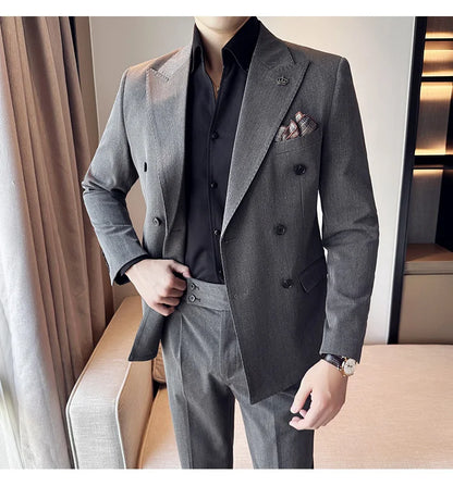 (Blazer + Trousers) Fashion Double Breasted Design Slim Men's Suit Italian Style Luxury Wedding Social Party Tuxedo 2 Piece Set