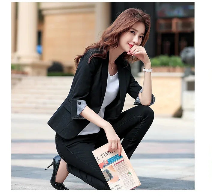 New Autumn Office Lady Solid Color Three Quarter Sleeve Blazer Women Casual One Button Formal Slim Fit Dress Suit Jacket Women