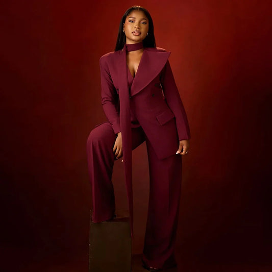 Chic Women Burgundy Asymmetric Lapel Suit Double Breasted Blazer Wide Leg Pants 2 Piece Fashion Business Formal Evening Outfit