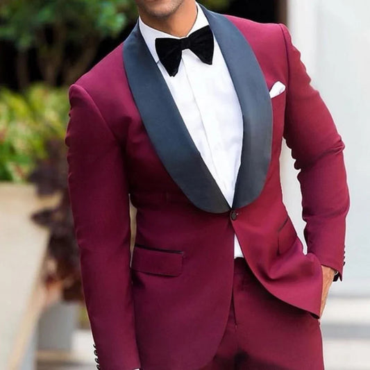 Men's Elegant Black Terno Suit with Shawl Lapel Blue Jacket And Pants Slim Fit Fashionable Wedding Formal Costume Homme