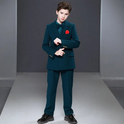Boys Spring Autumn Suit Set Kids Wedding Birthday Party Performance Costume Children's Green Host Piano Blazer Suit