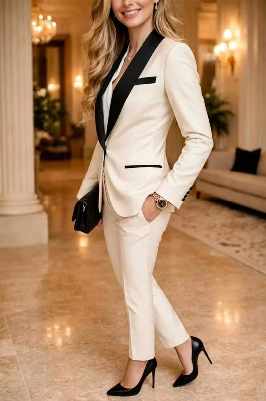 Elegant Khaki Women's Suits Black Lapel 2 Pcs Formal Fit Wedding Party Business Suit Jacket+Pant Tailor Made