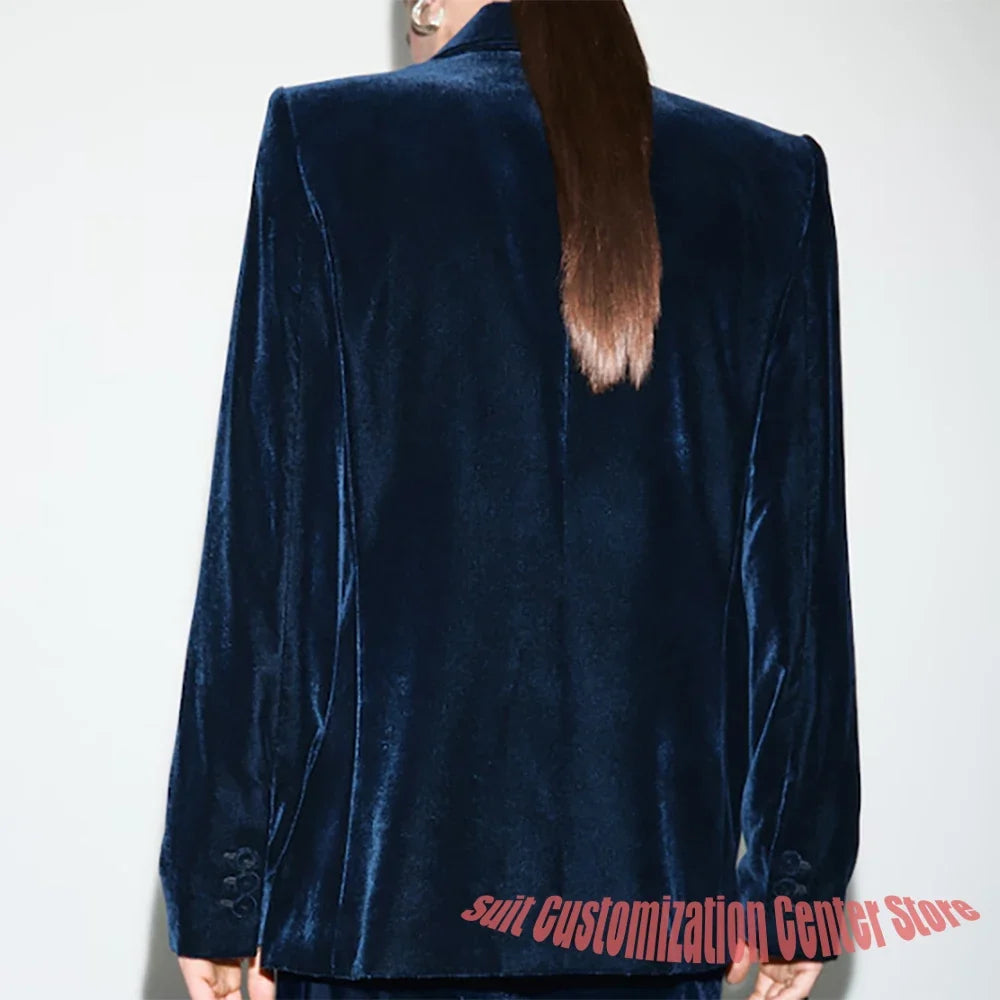 Luxury Navy Blue Velvet Women's Suit Two Piece(Jacket+Pants) Set Double-Breasted Notch Lapel Blazer Elegant Formal Evening Wear