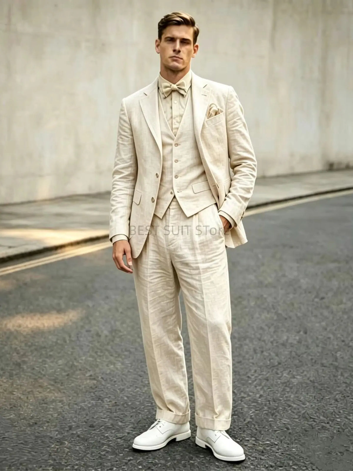 Costume 3 pièces en lin bleu pour homme, coupe ajustée, revers cranté, blazer deux boutons, gilet et pantalon, ensemble d'été décontracté pour le travail ou un mariage