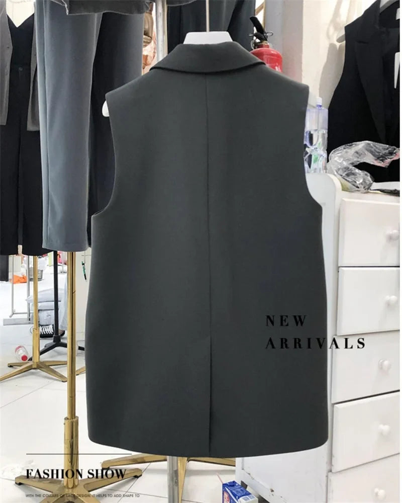 New Korean Women Loose Black Vest Suit Jacket Female Spring Autumn Leisure Solid Color Sleeveless Waistcoat Cardigan Vest Coat