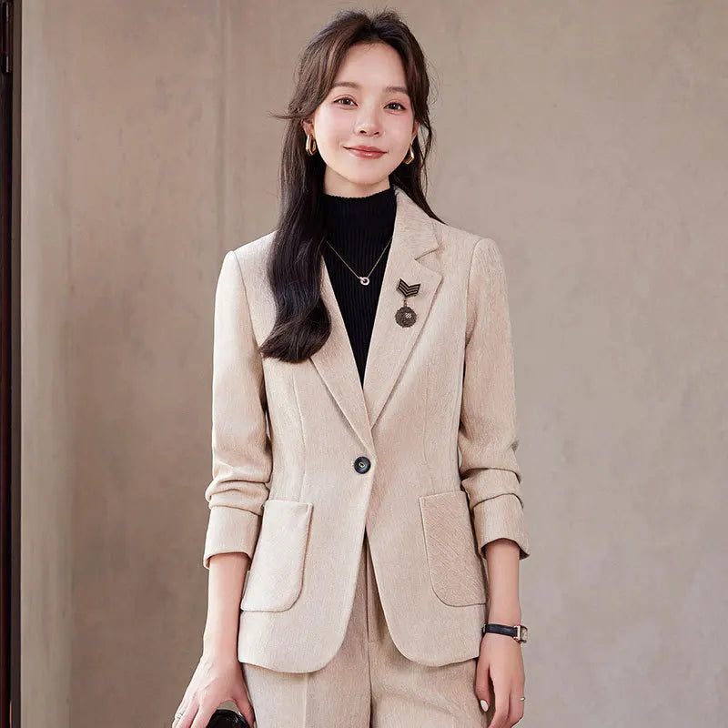 2024 Autumn New Corduroy Elegant Pant Suit Ladies Formal Business Work Wear 2 Piece Set Black Coffee Jacket Blazer And Trouser